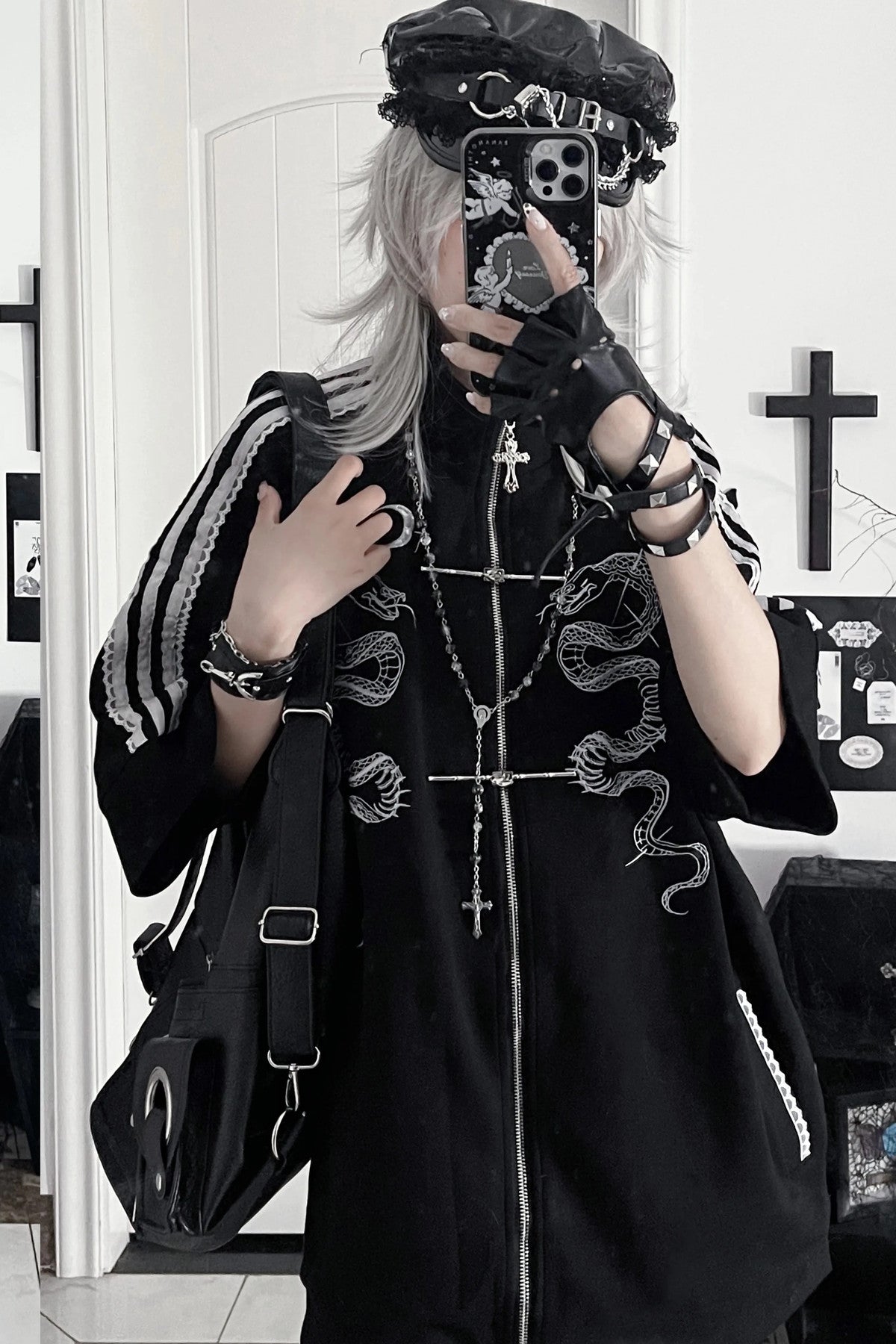 Double Snake Embroidery Zipper Tang Suit Blouse Set-Up