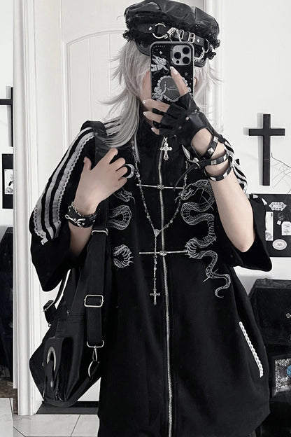 Double Snake Embroidery Zipper Tang Suit Blouse Set-Up