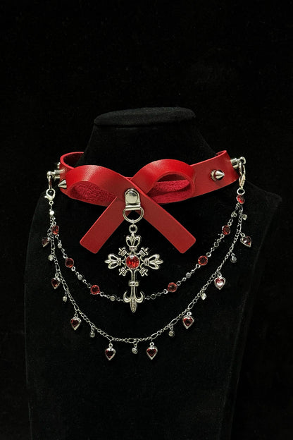 Red Gothic Multi-Layered Bow Choker