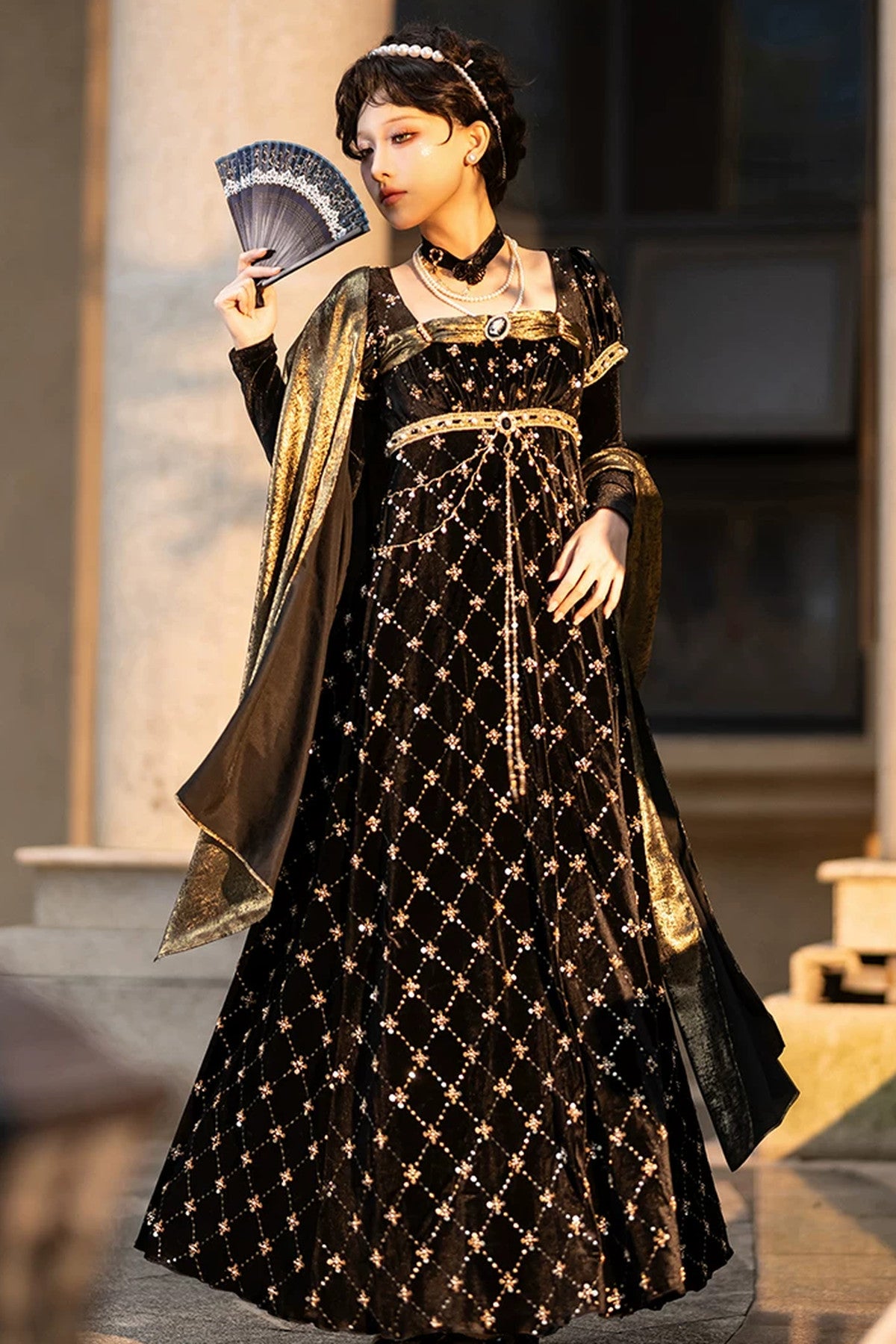 Black Gold Beaded Empire Dress