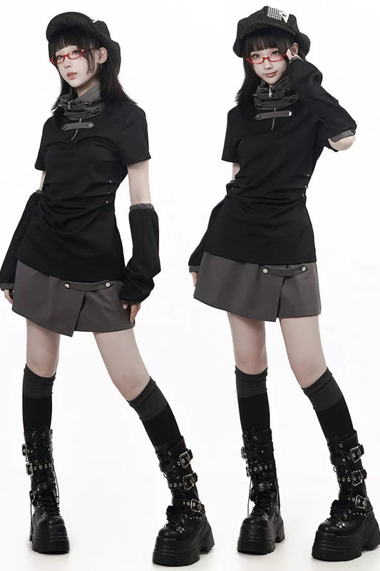 Black and Gray Stand-Up Collar Summer Short Skirt Set-Up