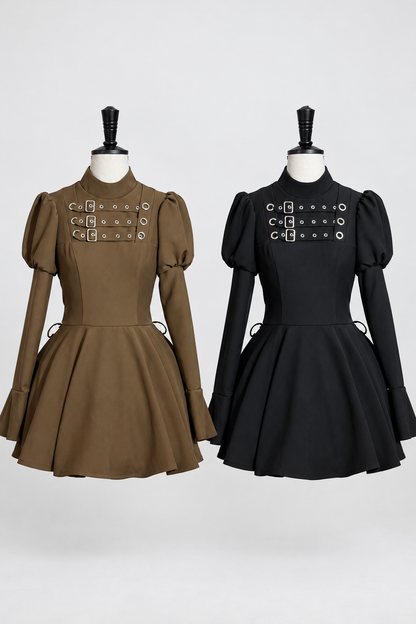 [Scadenza prenotazioni 6 novembre] Abito da bambola steampunk marrone x gothic mode nero con fibbia, collo alto e maniche lunghe a sbuffo