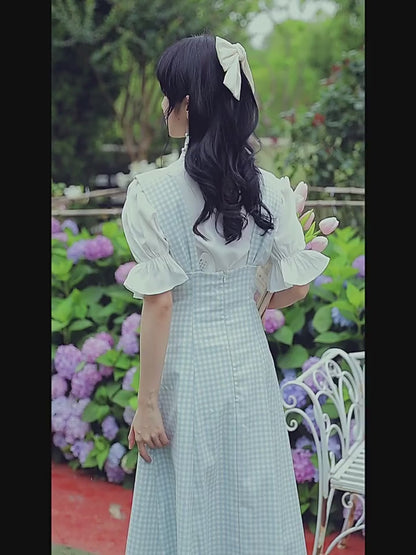 Puff Sleeve Bowtie Blouse + Jewel Button Check Sass Dress