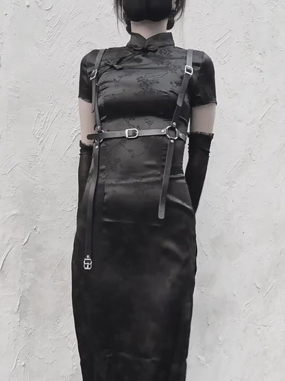 Dark mode china long slit dress + vest belt