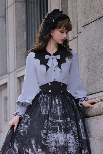 Cross motif bucket color ribbon blouse + side lace -up skirt