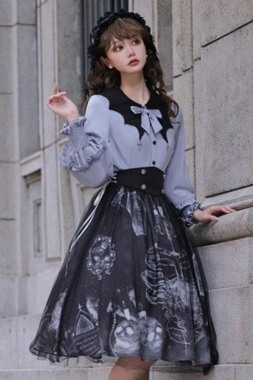 Cross motif bucket color ribbon blouse + side lace -up skirt