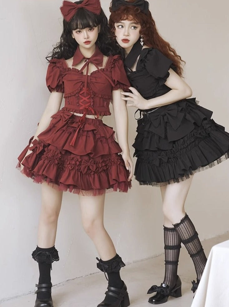 false collar + ribbon ruffle lace-up top + tiered ribbon volume skirt/ribbon catsuit