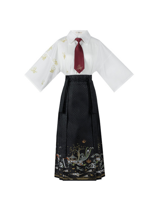 猫柄七分袖シャツ＋プリーツスカート