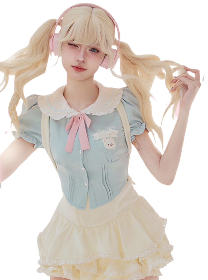 Doll color puff sleeve shirt + suspender skirt