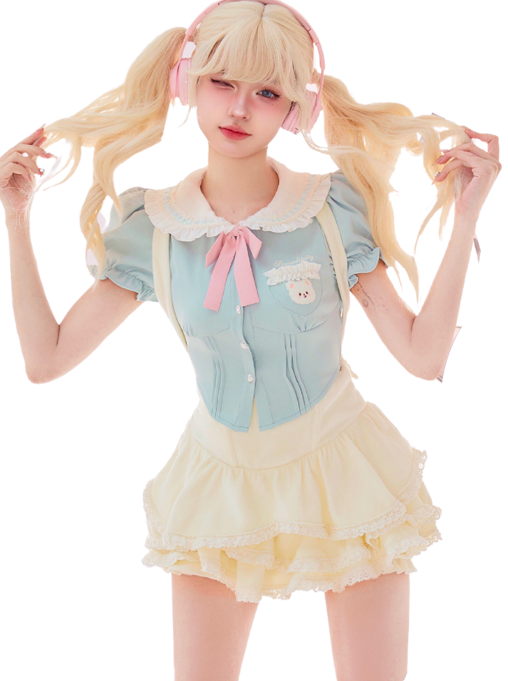 Doll color puff sleeve shirt + suspender skirt