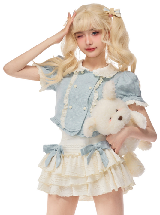 Frill Double Skirt + Blue Doll Color Shirt