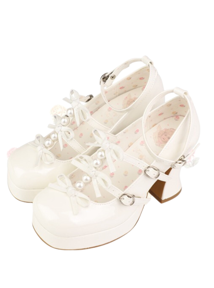 White Tide Riming Ribbon Pearl Shoes