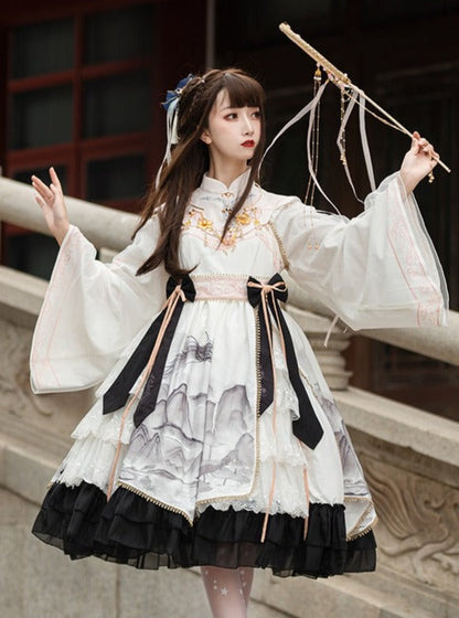 Layered frilled Japanese pattern Hagoro dress
