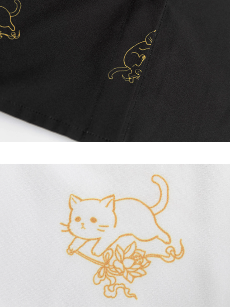 猫柄七分袖シャツ＋プリーツスカート