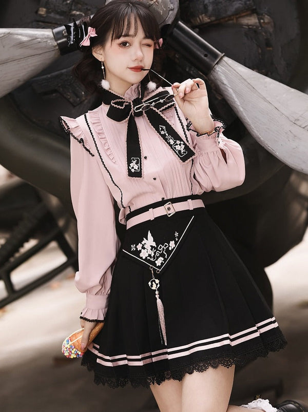 Embroidery ribbon with ribbon friller blouse + tassel strap embroidery lace line skirt