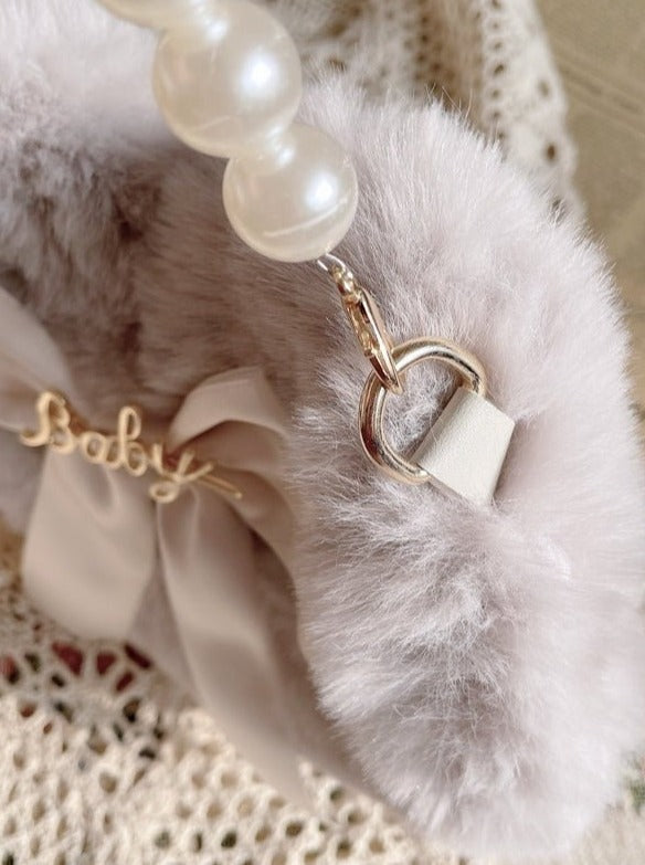 White Ribbon Pearl & Chain 2 Strap Handbag Gray – Belchic
