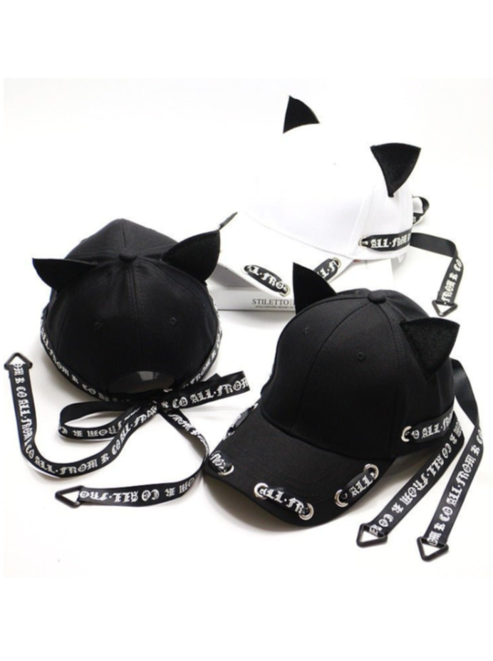 Cat ear long logo ribbon strap cap