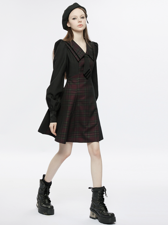 Retro Check Volume Sleeve Tie French Dress