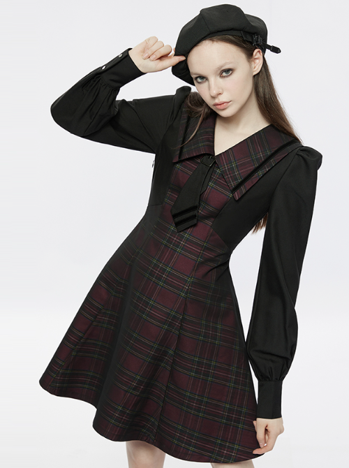 Retro Check Volume Sleeve Tie French Dress