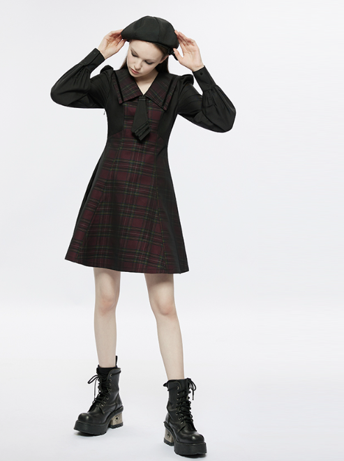 Retro Check Volume Sleeve Tie French Dress