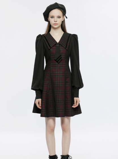 Retro Check Volume Sleeve Tie French Dress