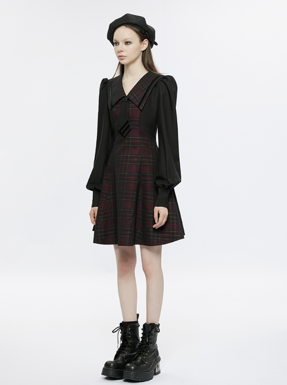 Retro Check Volume Sleeve Tie French Dress