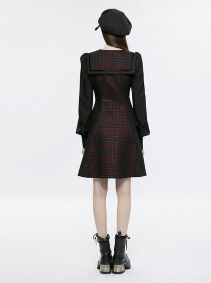 Retro Check Volume Sleeve Tie French Dress