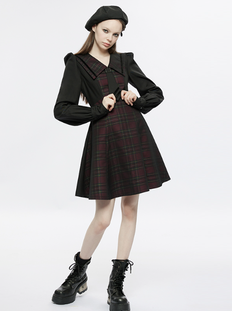 Retro Check Volume Sleeve Tie French Dress