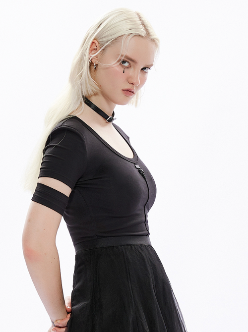 Split-sleeve U-neck cropped T-shirt