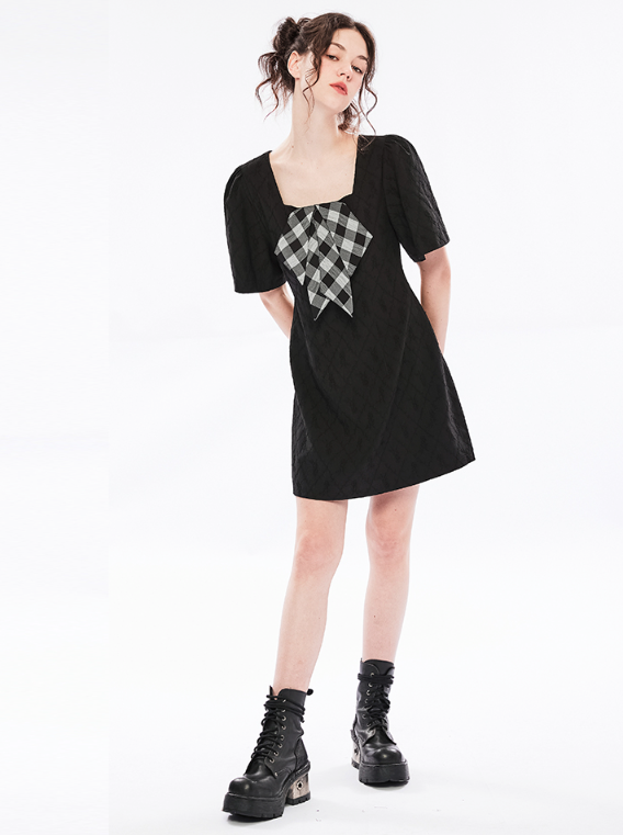 Check Ribbon Square Neck Jacquard Dress