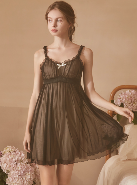 Sheer ribbon mini dress room wear