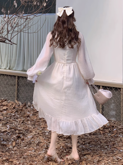 Lace -up frill Shiny antique dress