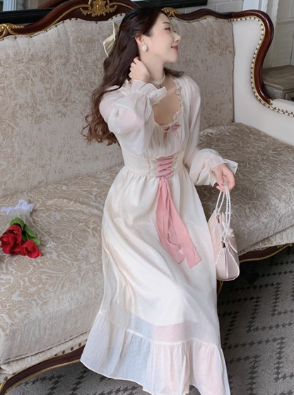 Lace -up frill Shiny antique dress