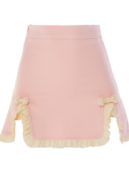 腰部缎带褶边上衣 + 粉色磨砂甜美短裙