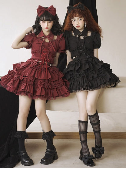 false collar + ribbon ruffle lace-up top + tiered ribbon volume skirt/ribbon catsuit