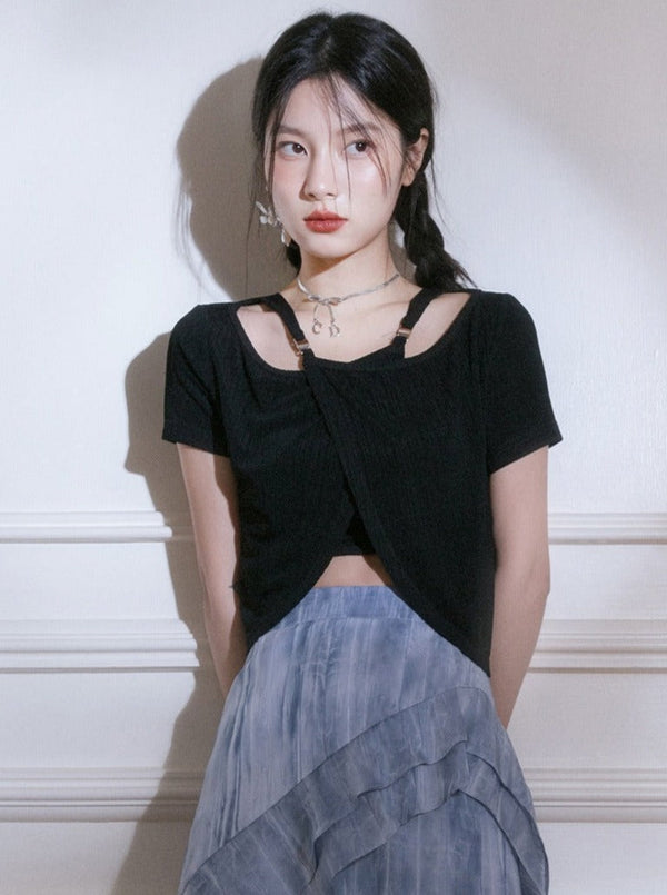 Cross metal buckle summer knit tops