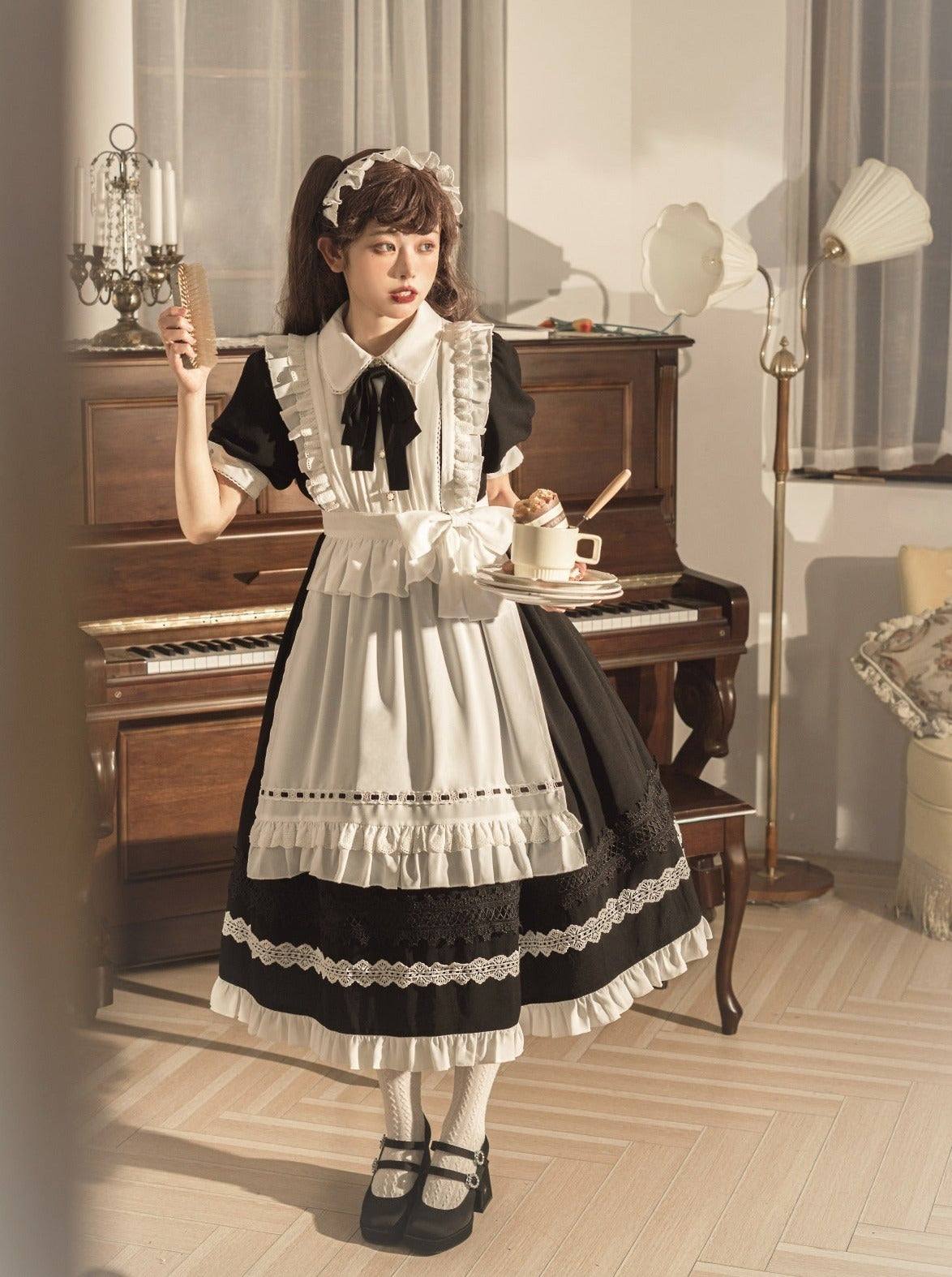 Front Ribbon Lantern Long-Sleeve Maid Dress + Ruffleed Big Ribbon Apro Belchic Front Ribbon Lantern Long-Sleeve Maid Dress + Ruffleed Big Ribbon Apro Belchic