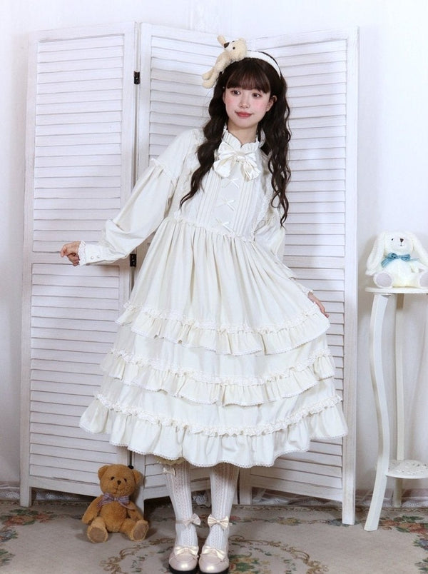 Stand Collar Layered Frilled Hem Dress