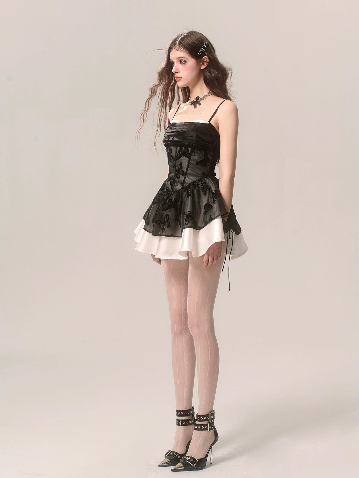 Black Faux Two-Piece Butterfly Satin French Suspender Dress [Reserved