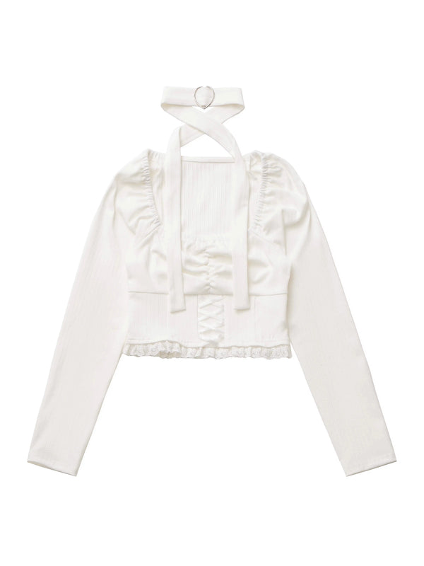 スターダストイリュージョンピュアディザイアグレーブルーデザインレザージャケット＋レーススクエアネックトップス＋レイヤードスカートパンツ