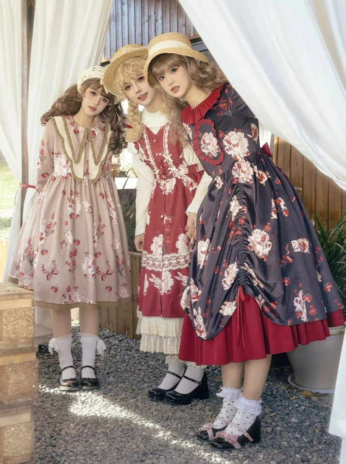 Sheep Berry Rabbit Style Design Velvet Print Ruice Dress