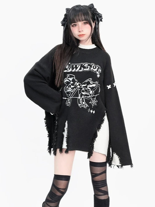 Cat Wish Original [Unyielding Girl's Heart] Sweater Fake Two Tassels Loose Subculture Female Y2K Destruction Cool