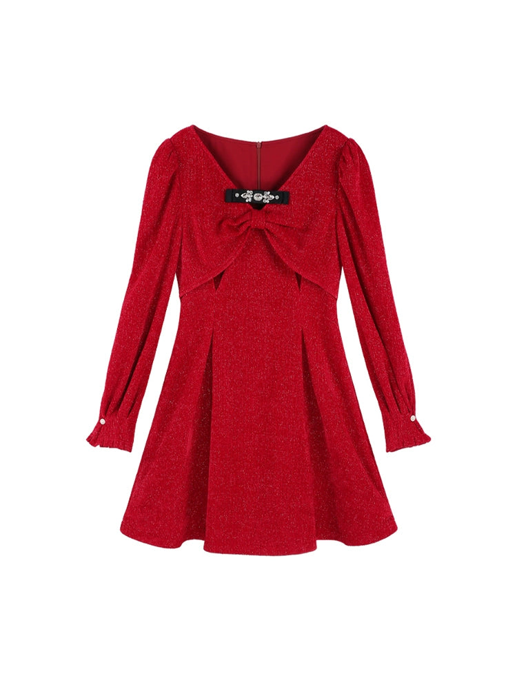 Red Ribbon Design Flared Dress