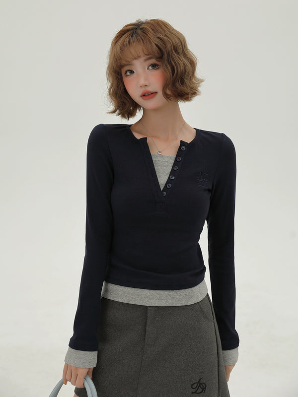 アメリカンシンプルフェイクツーピーススリムロンT