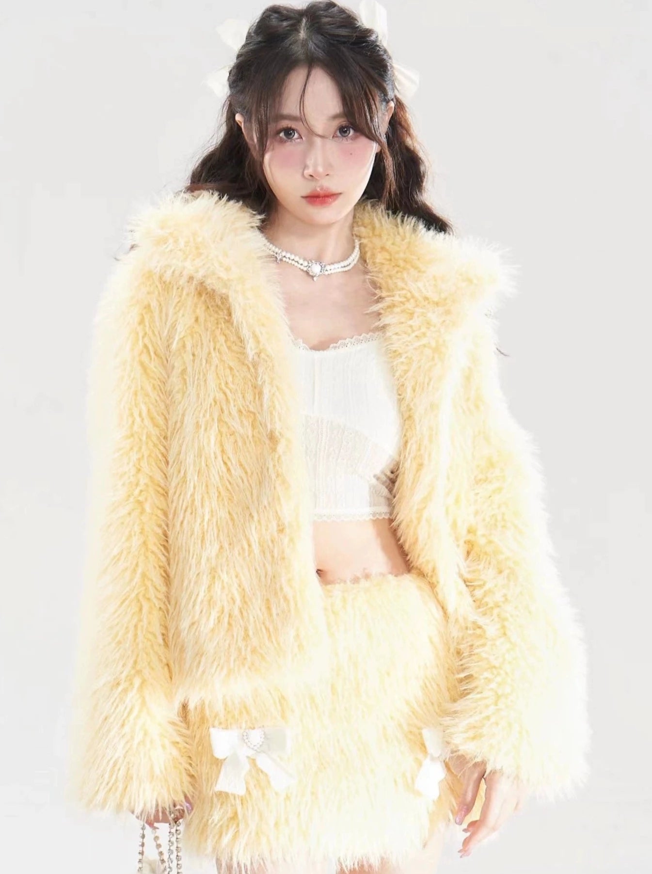 Milky Yellow Fur Coat + Fur Ribbon Skirt