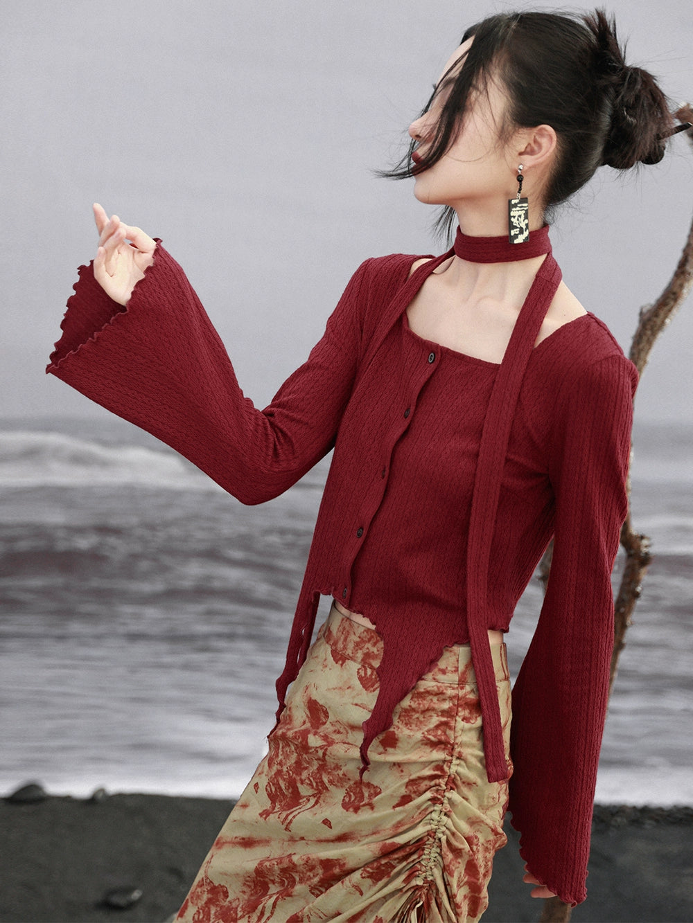 Retro Red Asymmetrical Flared Sleeve Top + Scarf