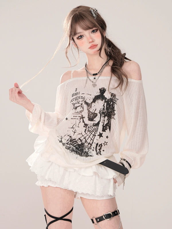 プリントオフショルダールーズストラップシアートップス【予約商品】