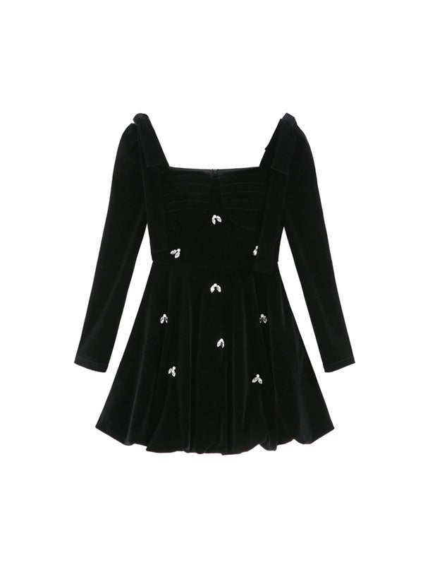 ダークスクエアネックフレアベルベットワンピース