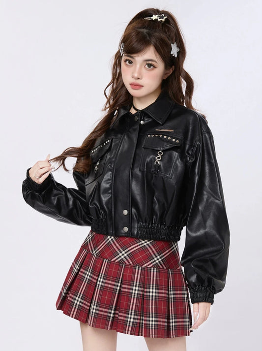 ENJOG American Black Biker Leather Jacket Sweet Cool Girl Style Bm Street Cropped Jacket Top