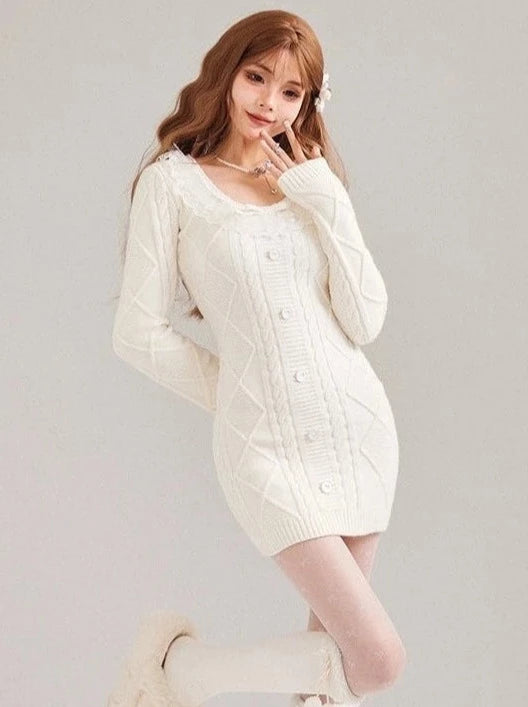 Apricot Lace Slim Knit Dress